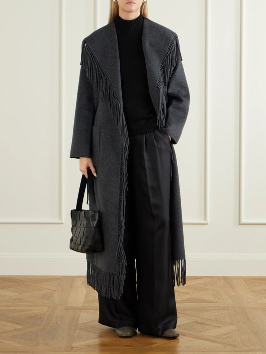 Image of Coats & Jackets. Product name - Carrie Fringed Wool-blend Coat in Charcoal colour by brand - SIMKHAI