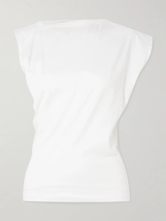 Image of a model wearing Tops. Product name - Beth Draped Organic-cotton Jersey T-shirt in White colour by brand - AGOLDE