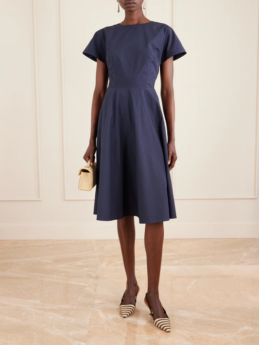 Image of Dresses. Product name - Buttercup Pleated Cotton-taffeta Midi Dress in Navy colour by brand - Rosie Assoulin
