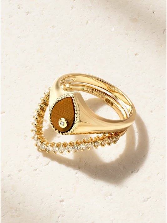 Baby Chevaliere Poire 9-karat Gold, Tiger's Eye And Diamond Ring