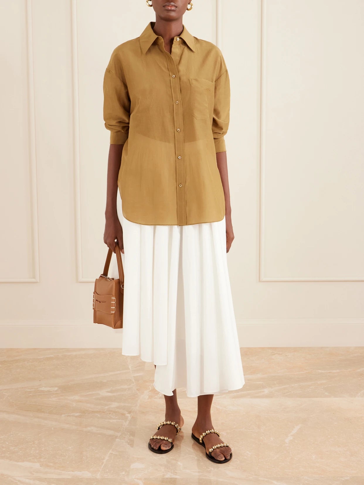 Image of a model wearing Tops. Product name - Big Joe Cotton And Silk-blend Shirt in Beige colour by brand - TWP