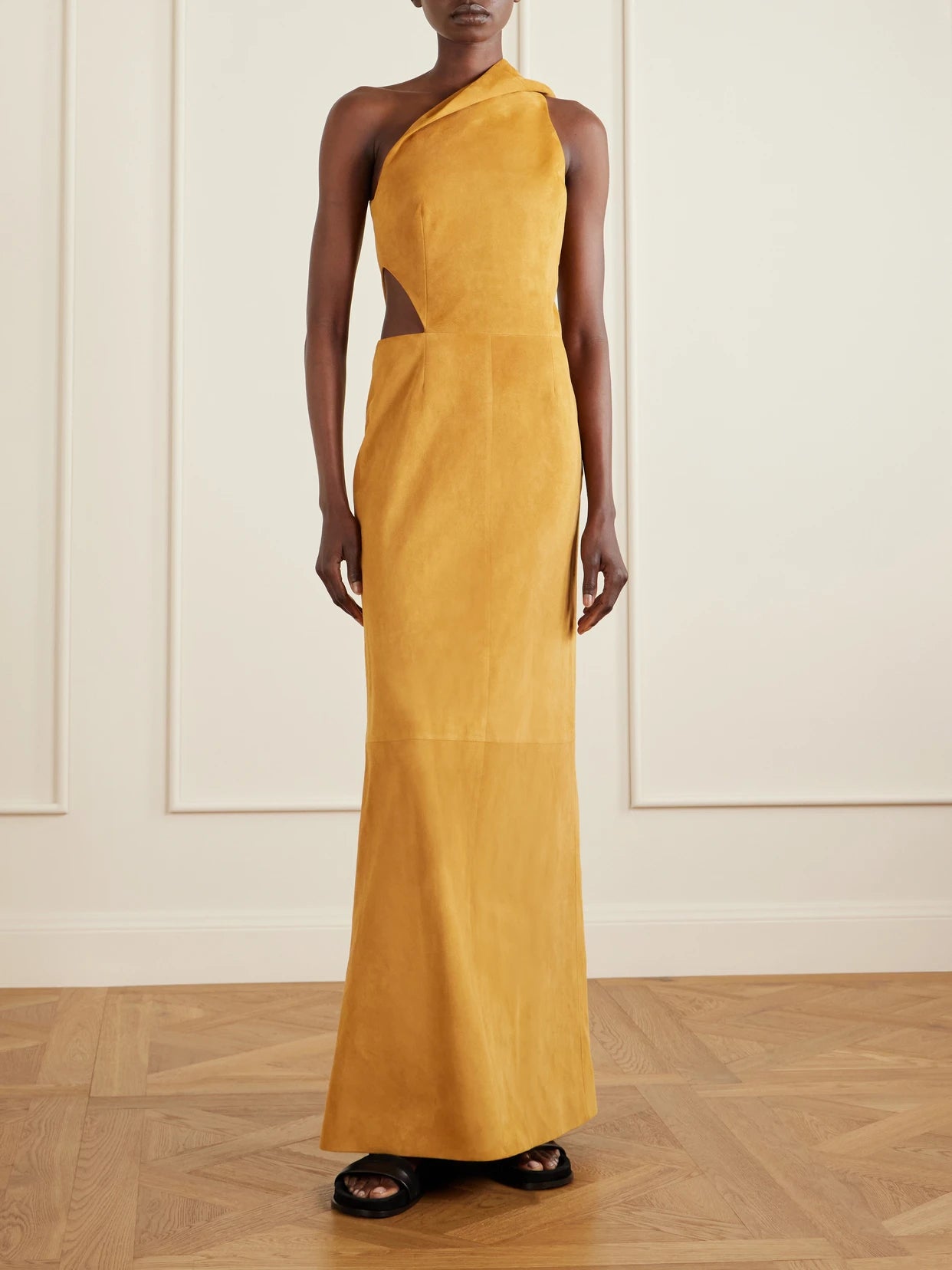 Image of Dresses. Product name - Kallen Hooded Suede Maxi Dress in Marigold colour by brand - Gabriela Hearst