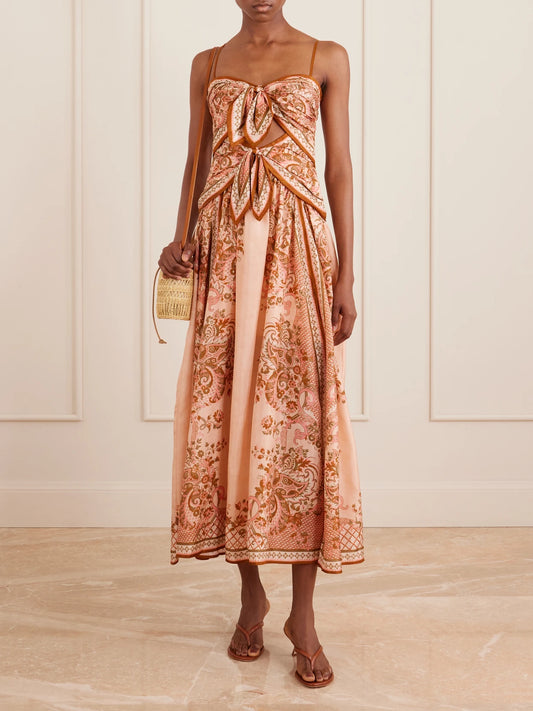 Image of Dresses. Product name - Aster Cutout Knotted Printed Silk Midi Dress in Pink colour by brand - Zimmermann