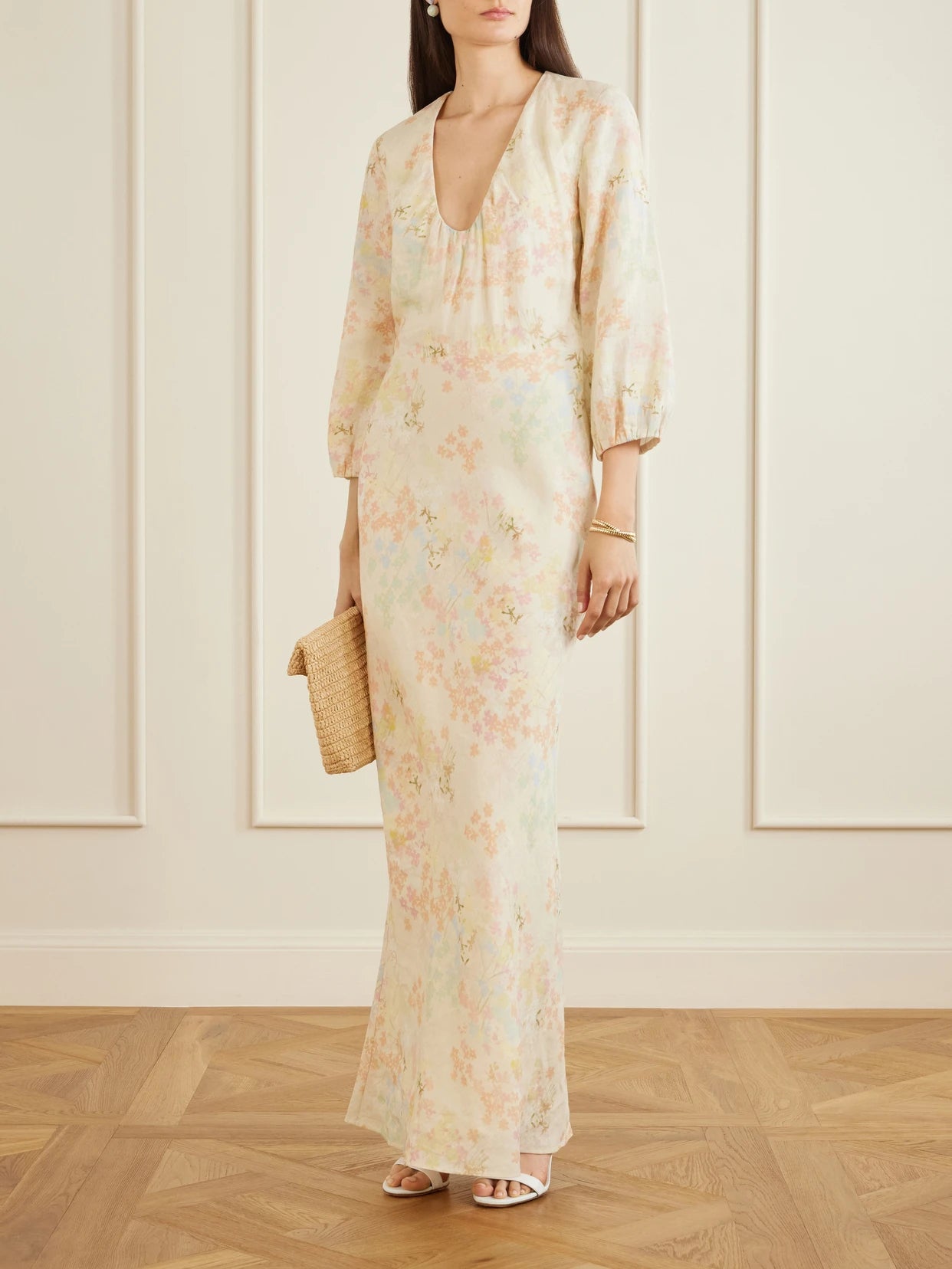 Image of Dresses. Product name - Beau Floral-print Linen Maxi Dress in Beige colour by brand - BERNADETTE