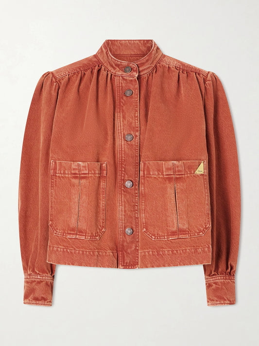 Image of Coats & Jackets. Product name - Logo-appliquéd Garment-dyed Denim Jacket in Brown colour by brand - Chloé