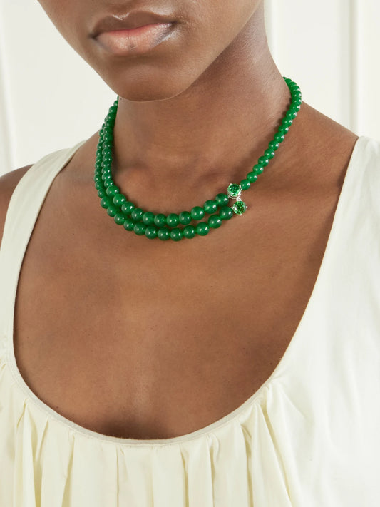 Image of Necklaces. Product name - The Light Of The Past Beaded Silver-plated Zirconia Necklace in Bright green colour by brand - Completedworks