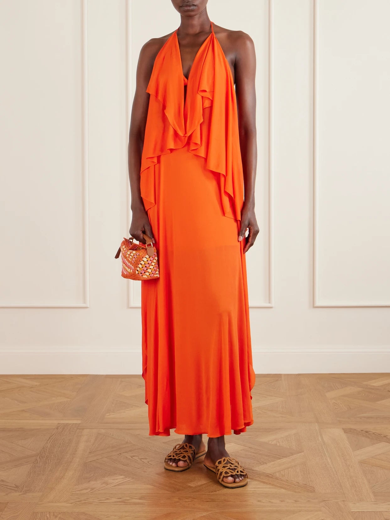 Image of Dresses. Product name - + Paula's Ibiza Ruffled Cutout Jersey Halterneck Maxi Dress in Orange colour by brand - LOEWE