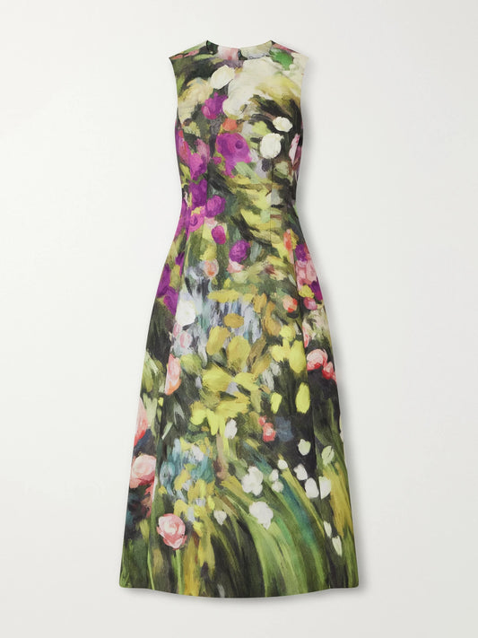 Oscar de la Renta Darted Floral-print Faille Midi Dress