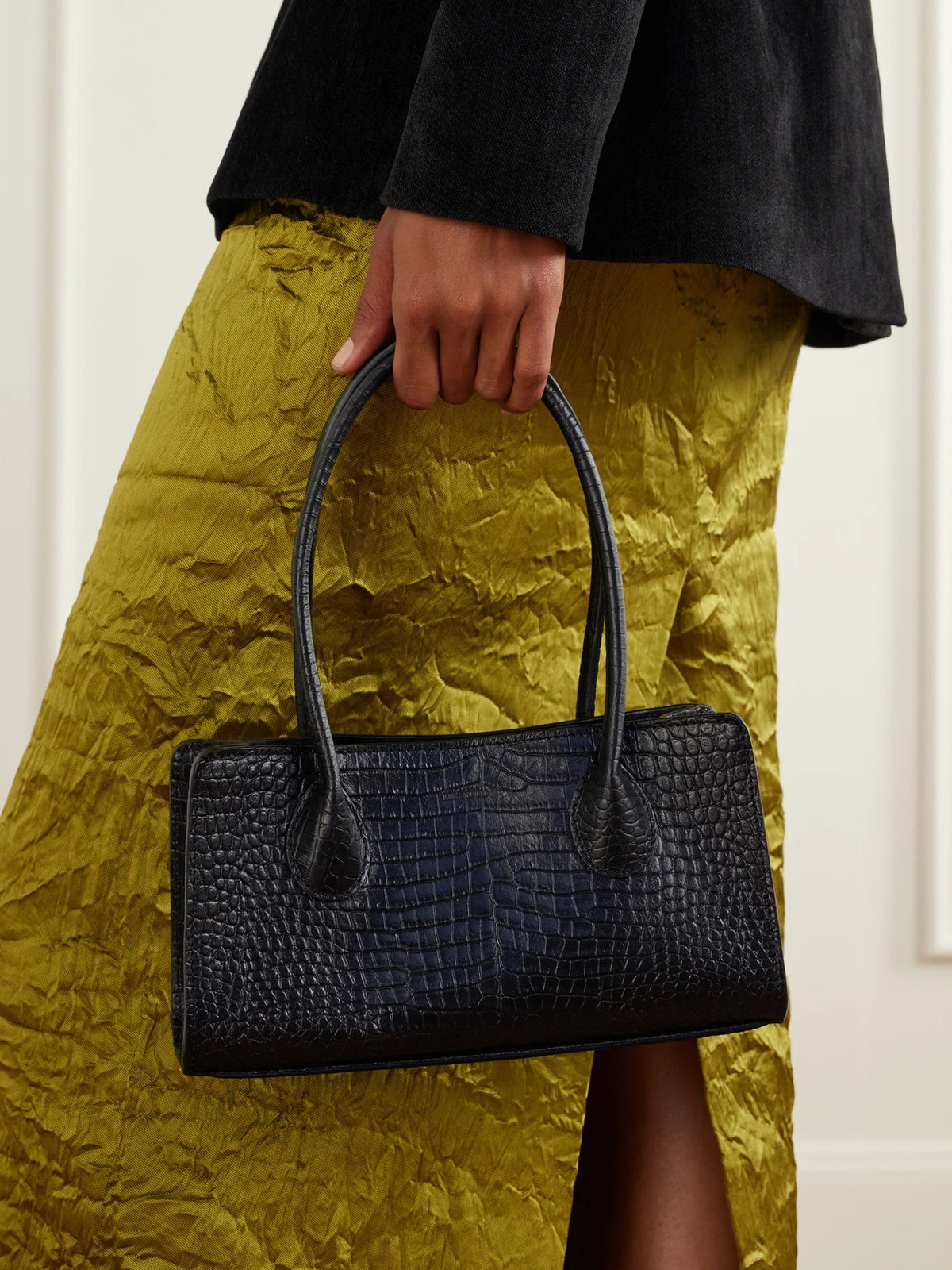 Image of Bags. Product name - The Lou Croc-effect Leather Shoulder Bag in Black colour by brand - LIÉ STUDIO