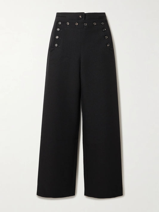 Image of a model wearing Pants. Product name - Sailor Wool-twill Straight-leg Pants in Black colour by brand - BODE
