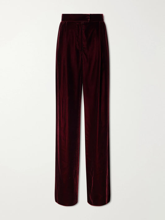 Image of a model wearing Pants. Product name - Pleated Velvet Wide-leg Pants in Burgundy colour by brand - Valentino Garavani