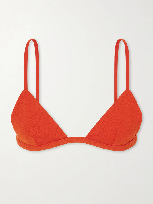 Image of Swimwear. Product name - Crinkled Triangle Bikini Top in Tomato red colour by brand - Matteau