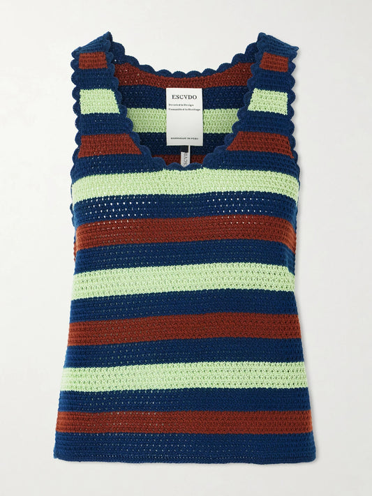 Image of a model wearing Tops. Product name - Santos Striped Crocheted Cotton Tank in Multi colour by brand - ESCVDO