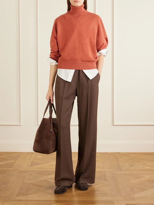 Image of a model wearing Pants. Product name - Wool-blend Wide-leg Pants in Brown colour by brand - Brunello Cucinelli
