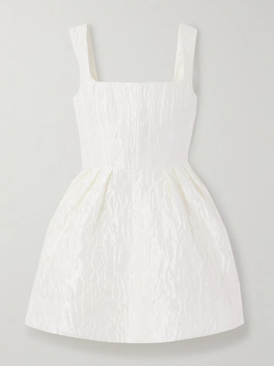 Image of Dresses. Product name - Vanilla Dreams Pleated Cloqué Mini Dress in Ivory colour by brand - Rebecca Vallance