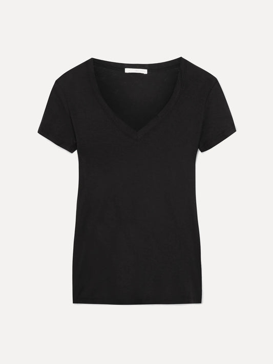 Image of a model wearing Tops. Product name - Casual Slub Cotton-jersey T-shirt in Black colour by brand - James Perse