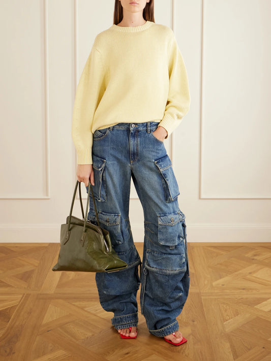 Image of Jeans. Product name - Tapered Mid-rise Wide-leg Cargo Jeans in Blue colour by brand - The Attico