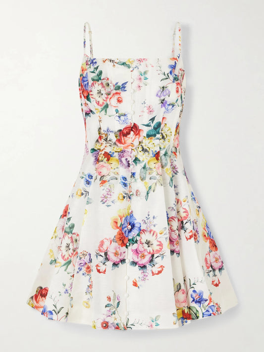 Image of Dresses. Product name - Paneled Embellished Floral-print Silk And Linen-blend Mini Dress in Multi colour by brand - Camilla