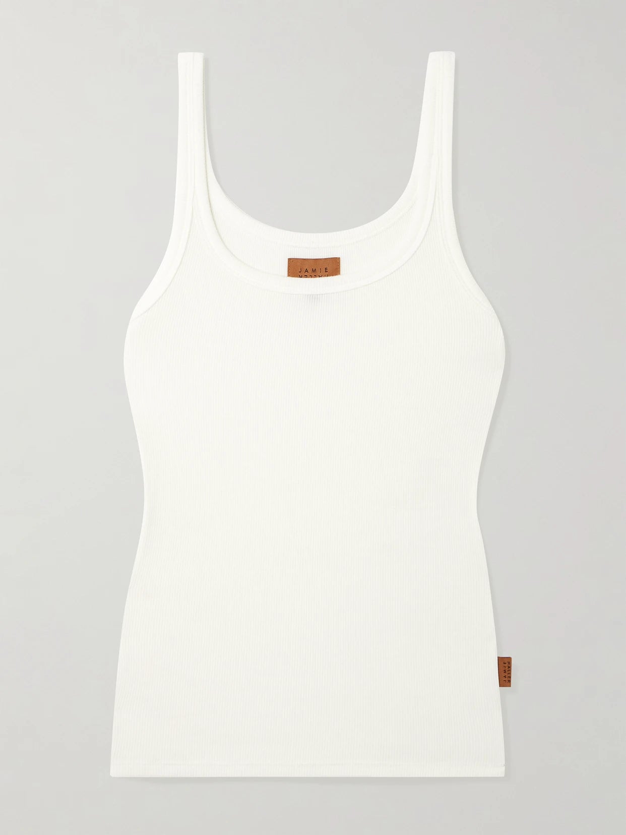 Image of a model wearing Tops. Product name - The Undershirt Ribbed Stretch-modal Tank in White colour by brand - Jamie Haller