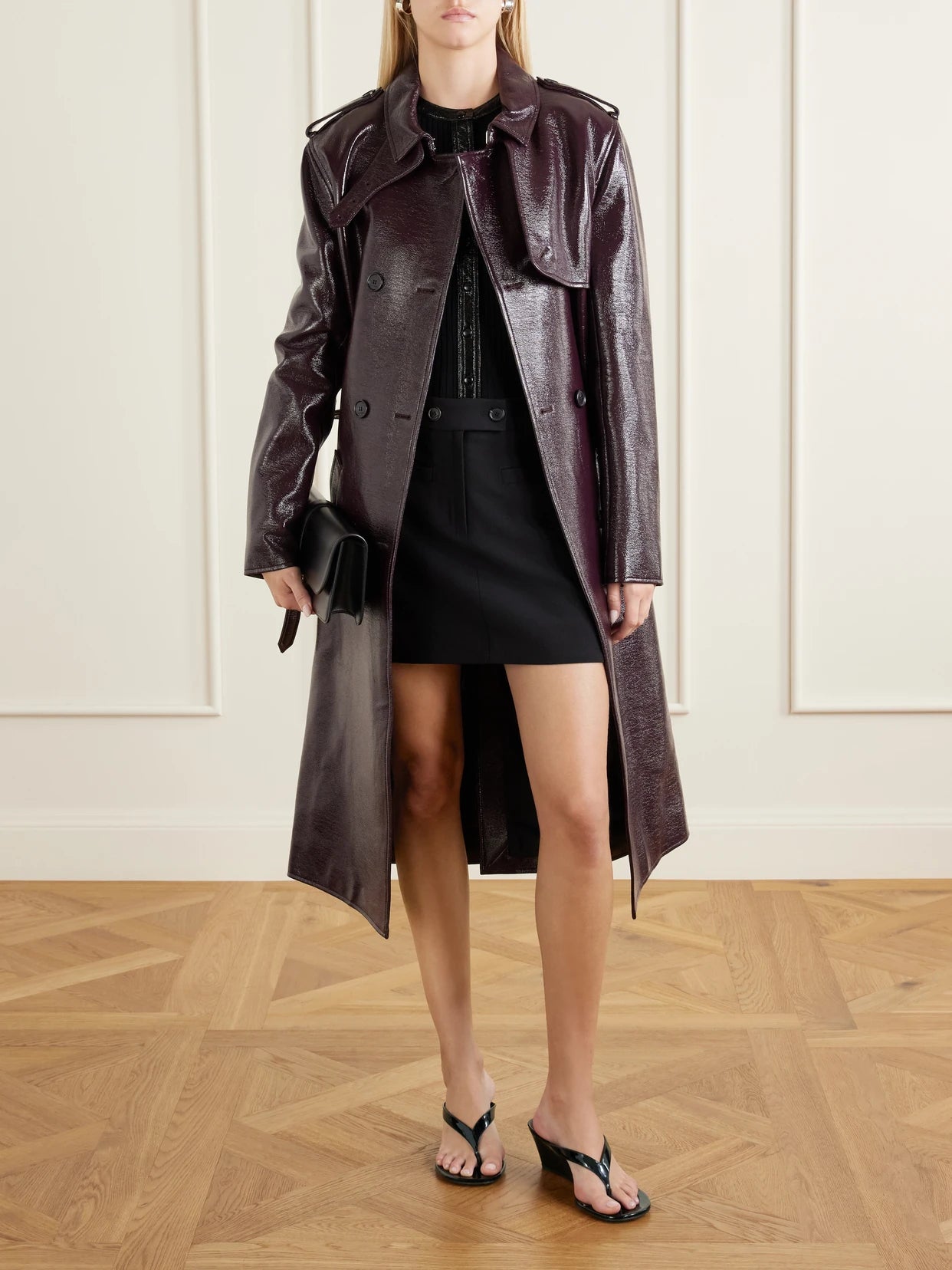 Image of Coats & Jackets. Product name - Belted Cotton-blend Vinyl Trench Coat in Merlot colour by brand - COURREGES