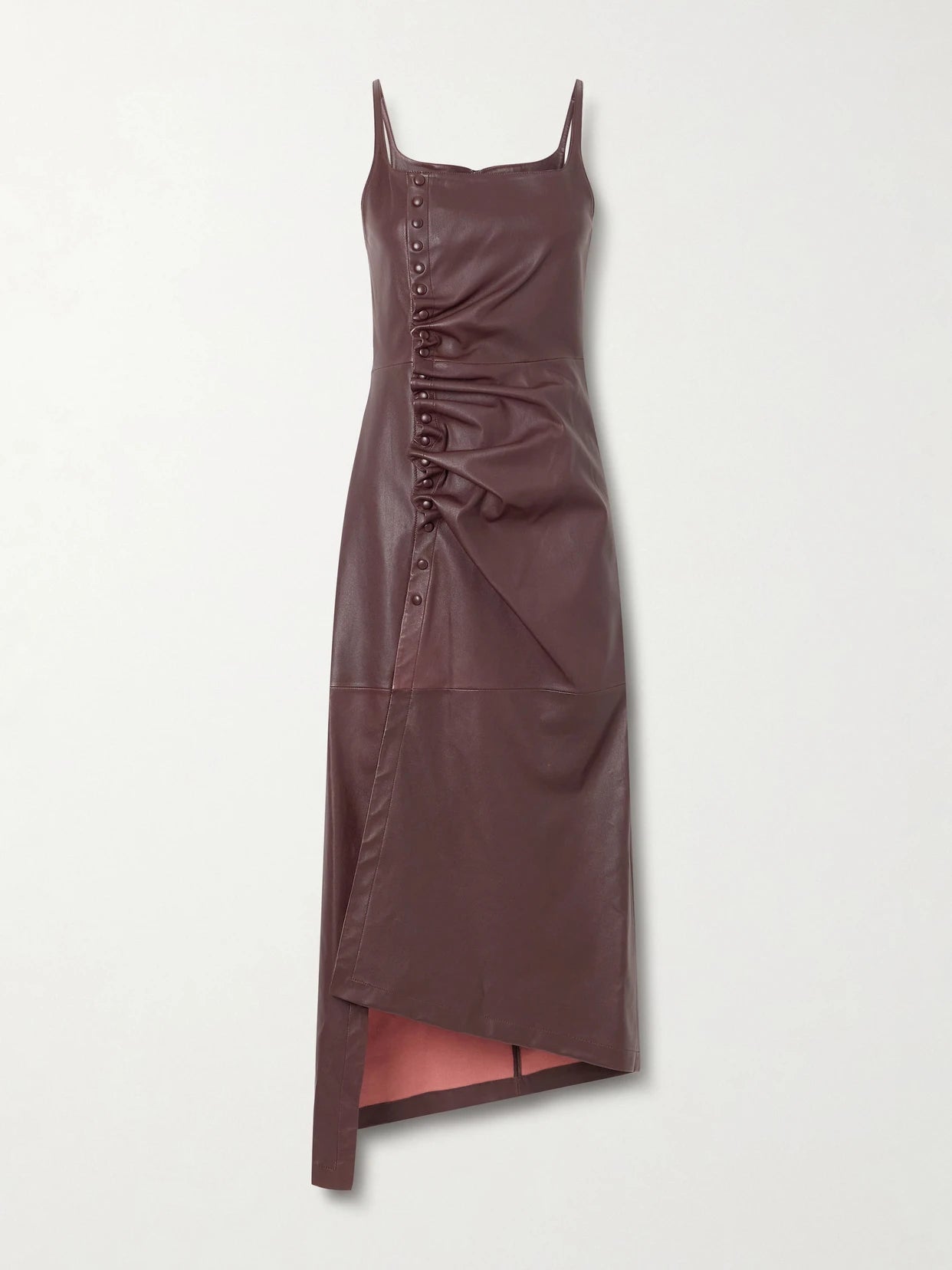 Image of Dresses. Product name - Asymmetric Ruched Leather Midi Dress in Brown colour by brand - RABANNE