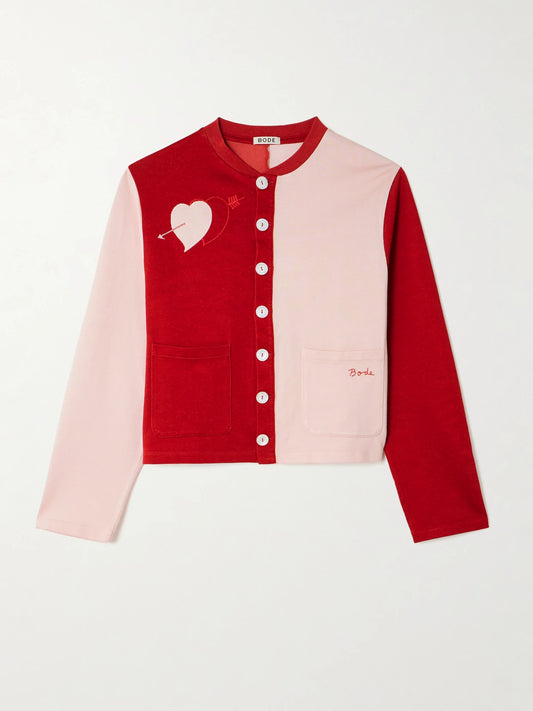 Image of a model wearing Outerwear. Product name - Wonderland Embroidered Knitted Cardigan in small colour by brand - BODE