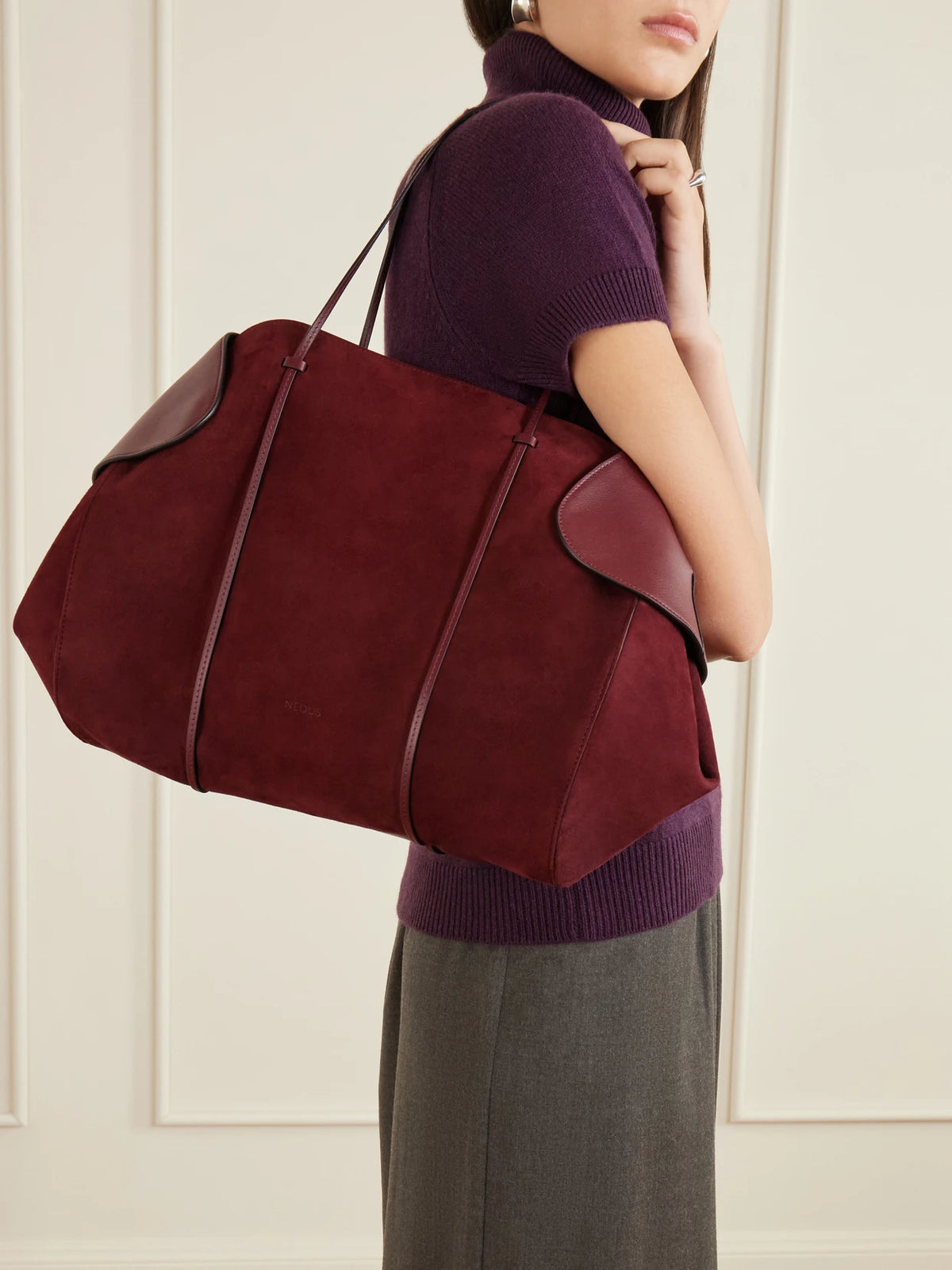 Image of Bags. Product name - Berenices Suede And Leather Tote in Burgundy colour by brand - NEOUS