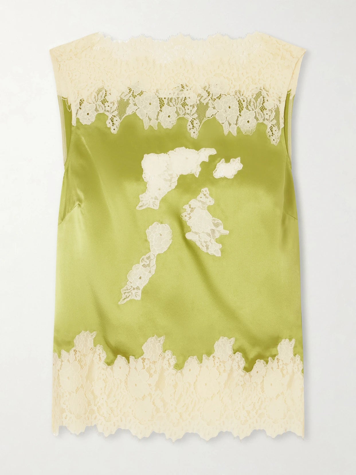 Image of a model wearing Tops. Product name - Viviane Lace-trimmed Silk-satin Top in Green colour by brand - DÔEN