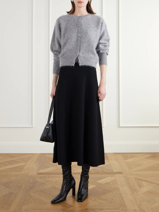 Image of a model wearing Outerwear. Product name - Coco Brushed Cashmere Cardigan in Gray colour by brand - Almada