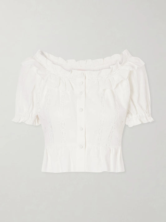 Image of a model wearing Tops. Product name - Terracina Ruffled Lace-trimmed Cotton-poplin Blouse in Off-white colour by brand - Loretta Caponi