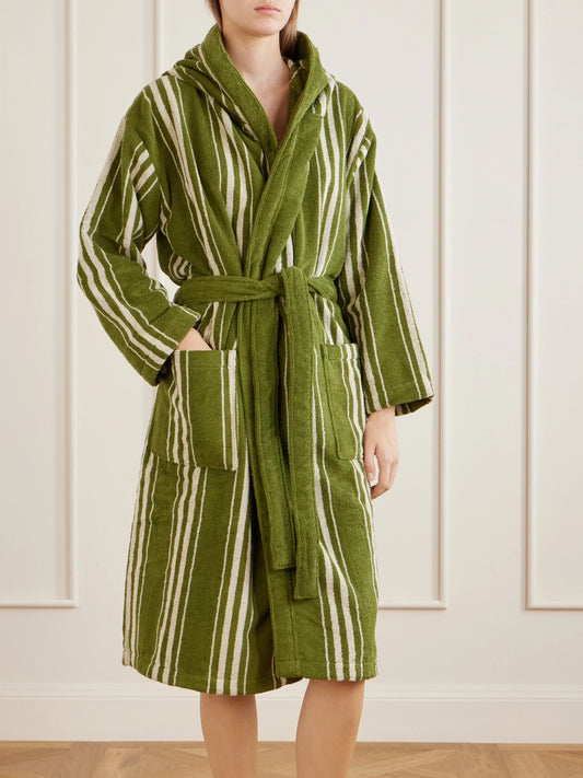 Image of Lingerie. Product name - Charlotte Striped Cotton-terry Robe in Green, Brown colour by brand - Autumn Sonata