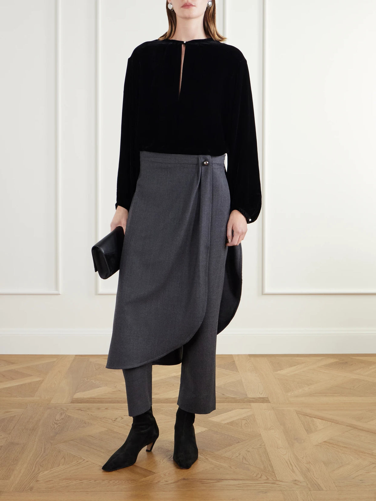 Image of a model wearing Pants. Product name - Layered Wrap-effect Wool-blend Flannel Straight-leg Pants in Charcoal colour by brand - Maria McManus