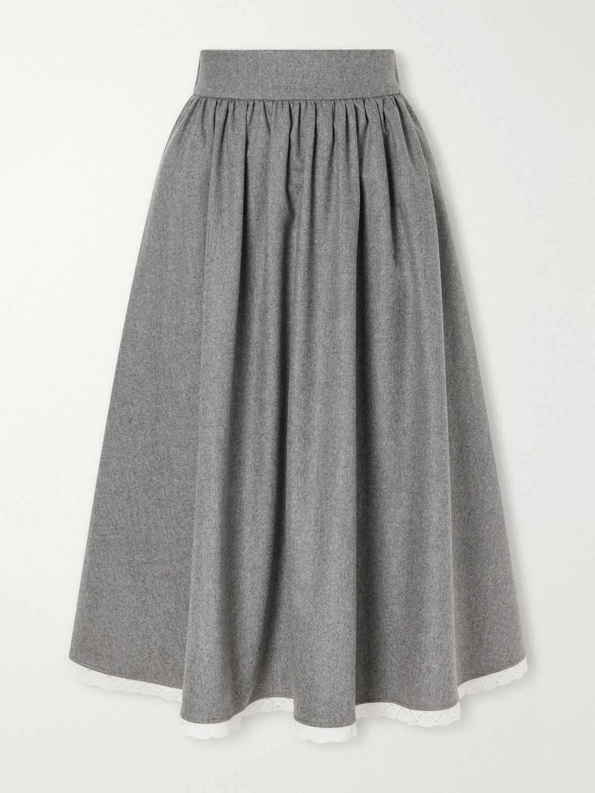 Maria McManus Gathered Lace-trimmed Wool-blend Flannel Midi Skirt