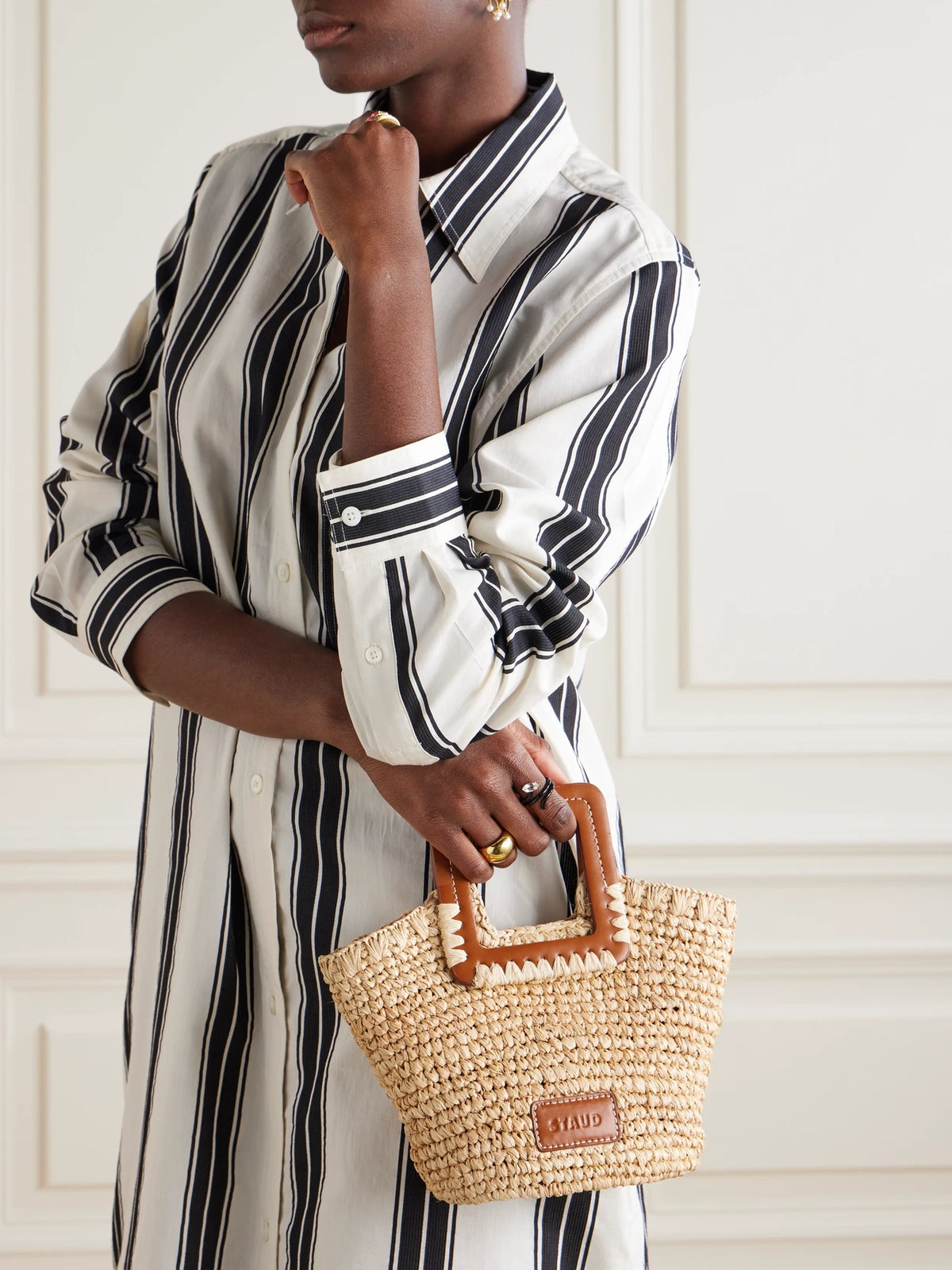 Image of Bags. Product name - Sienna Mini Leather-trimmed Raffia Tote in Tan colour by brand - STAUD