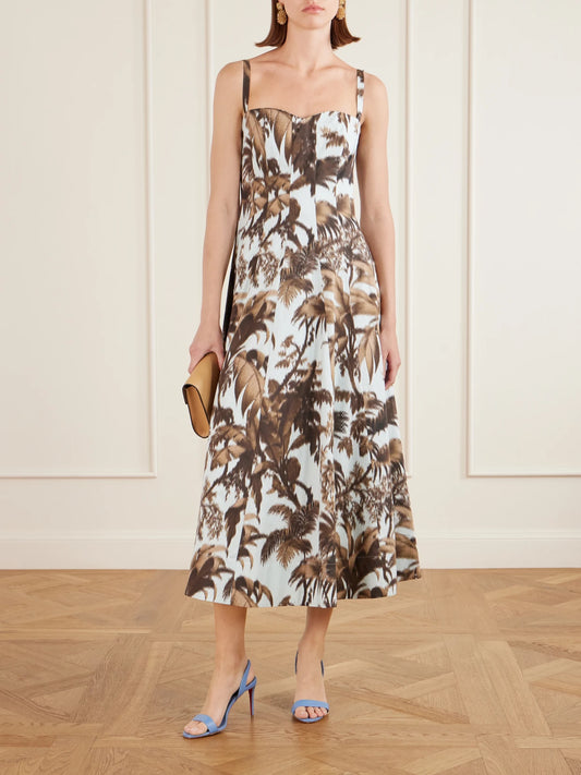 Image of Dresses. Product name - Paneled Printed Cotton-blend Poplin Midi Dress in Brown colour by brand - Oscar de la Renta