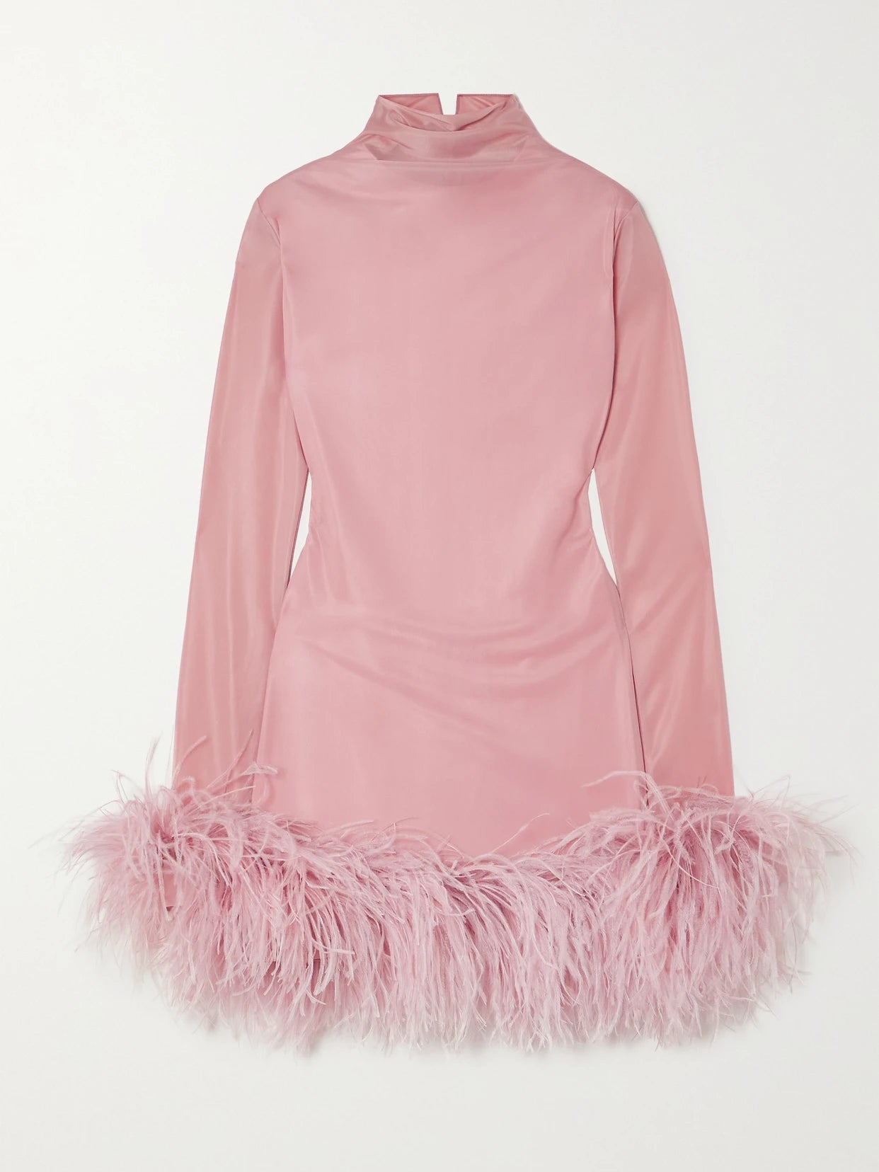 Image of Dresses. Product name - Luna Feather-trimmed Stretch-jersey Turtleneck Mini Dress in Blush colour by brand - 16ARLINGTON