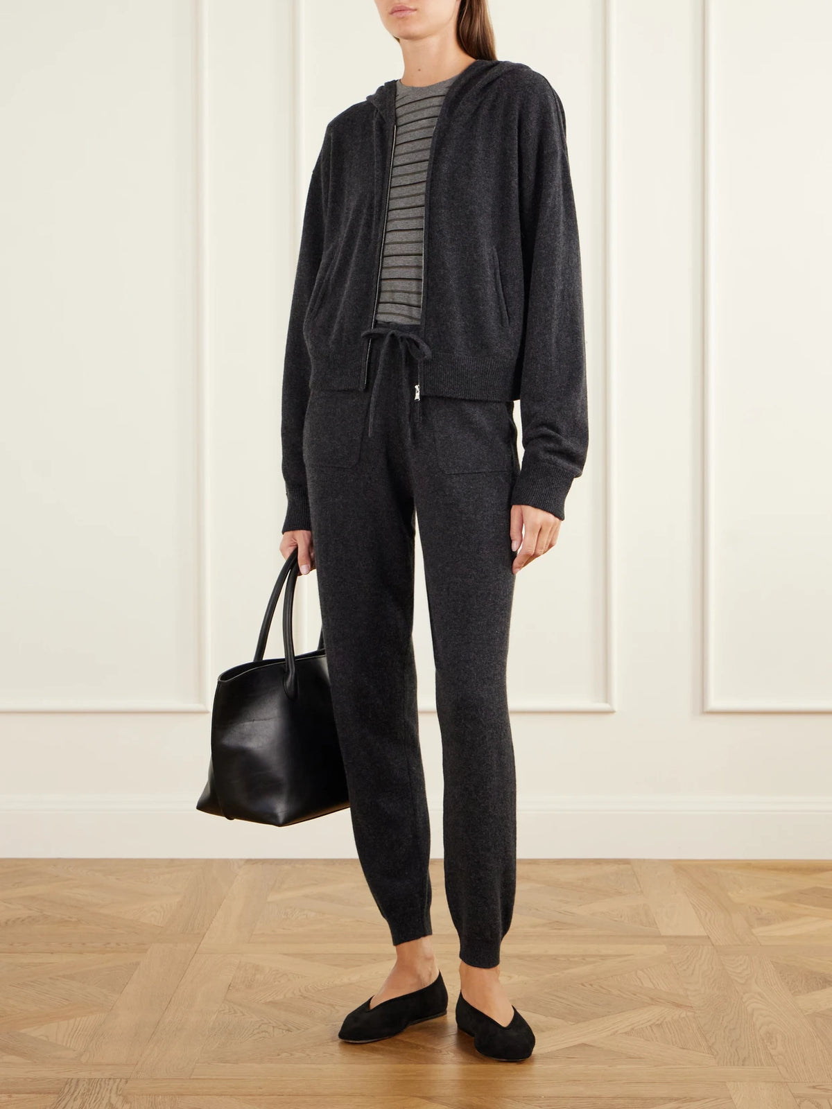 Image of Sleepwear & Loungewear. Product name - Wool And Cashmere-blend Hooded Zip-up Cardigan And Tapered Pants Set in Charcoal colour by brand - Allude