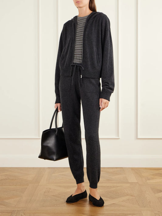 Image of Sleepwear & Loungewear. Product name - Wool And Cashmere-blend Hooded Zip-up Cardigan And Tapered Pants Set in Charcoal colour by brand - Allude