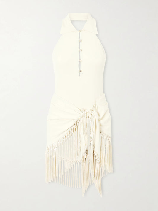 Image of Swimwear. Product name - Tropicana Halterneck Swimsuit And Fringed Pareo Set in Ivory colour by brand - Taller Marmo