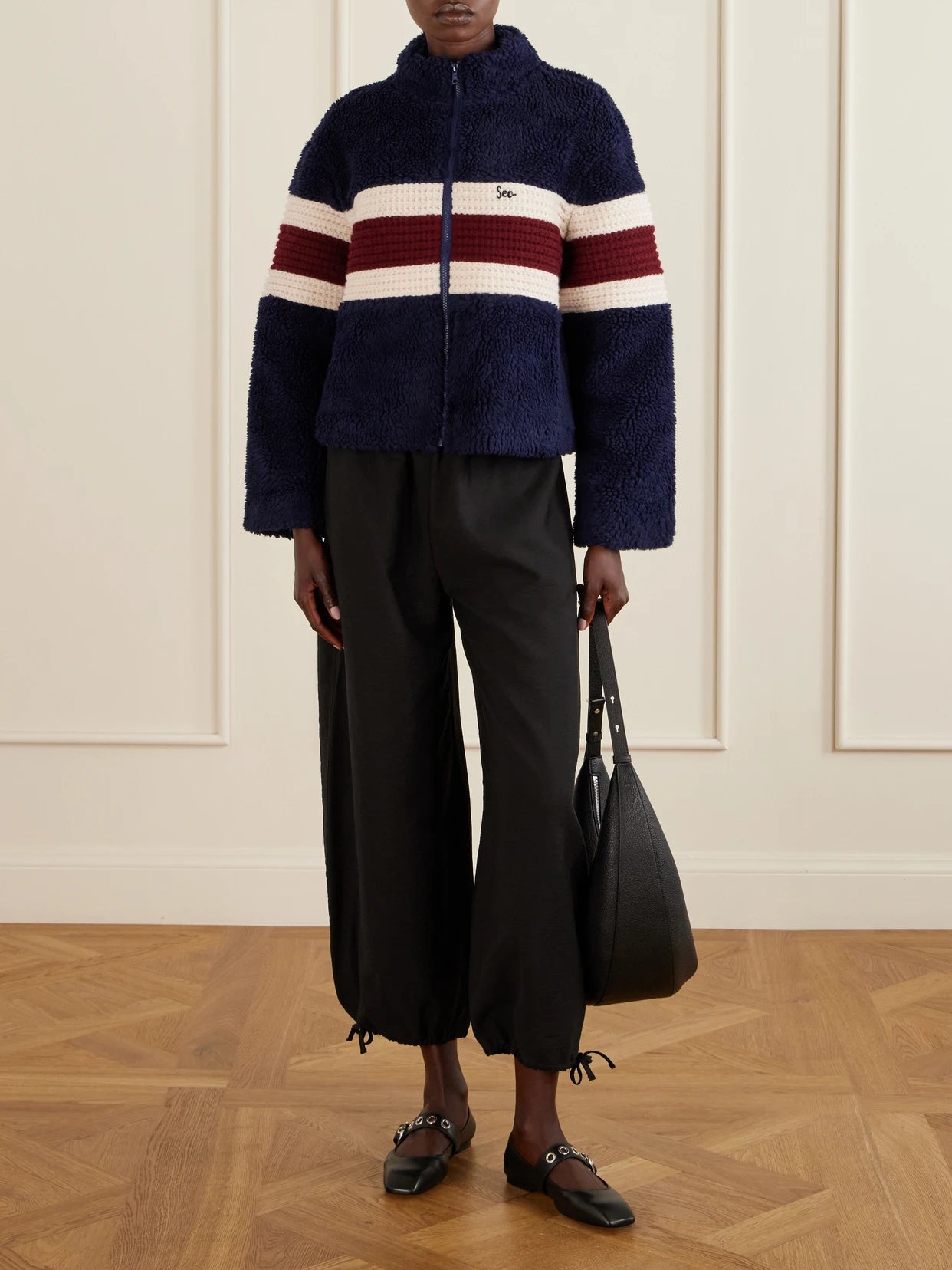 Image of Coats & Jackets. Product name - Georgie Striped Wool-trimmed Fleece Jacket in Navy colour by brand - Sea