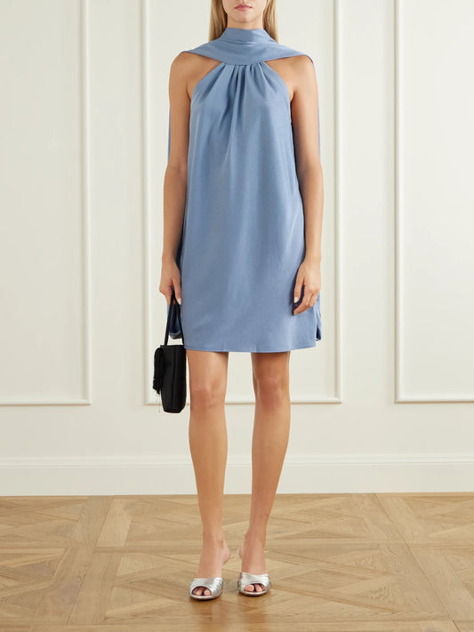 Image of Dresses. Product name - Toni Satin Mini Dress in Blue colour by brand - SIMKHAI