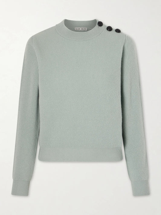 Image of a model wearing Outerwear. Product name - Racka Ribbed-knit Wool And Cashmere-blend Sweater in Mint colour by brand - BLAZÉ Milano