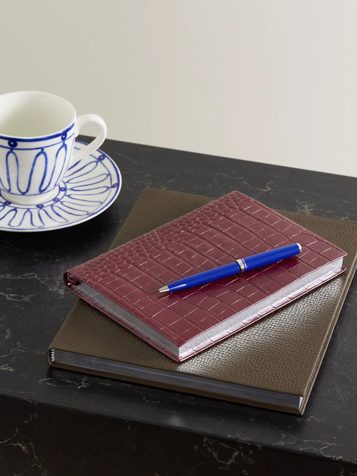 Image of Decor. Product name - Soho Croc-effect Leather Notebook in Burgundy colour by brand - Smythson