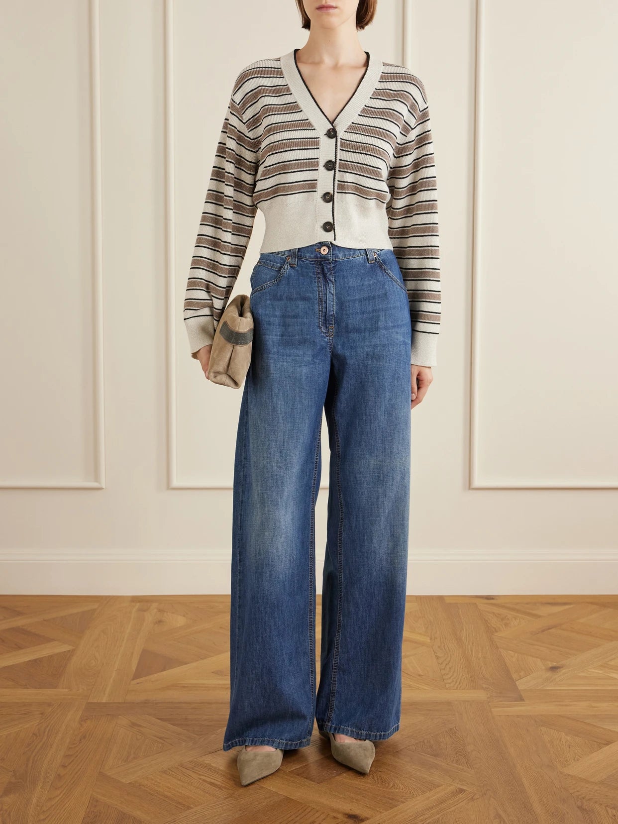 Image of a model wearing Outerwear. Product name - Stripe Cotton-blend Cardigan in Beige colour by brand - Brunello Cucinelli