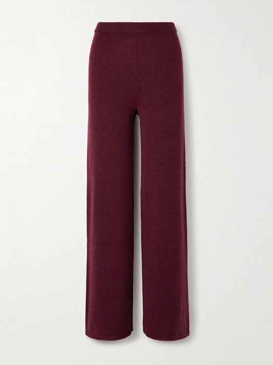 Image of a model wearing Pants. Product name - Juniper Cashmere Wide-leg Pants in Burgundy colour by brand - The Elder Statesman
