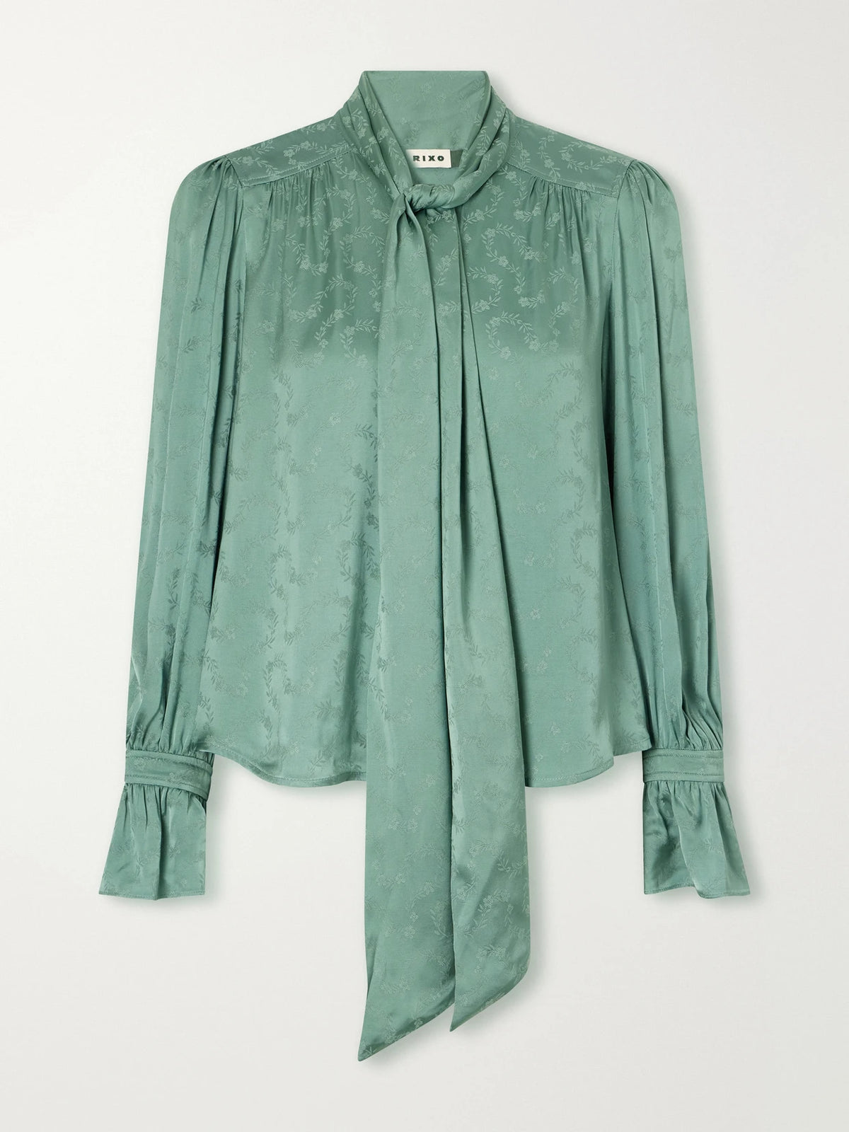 RIXO Evanora Pussy-bow Gathered Floral-jacquard Satin Blouse
