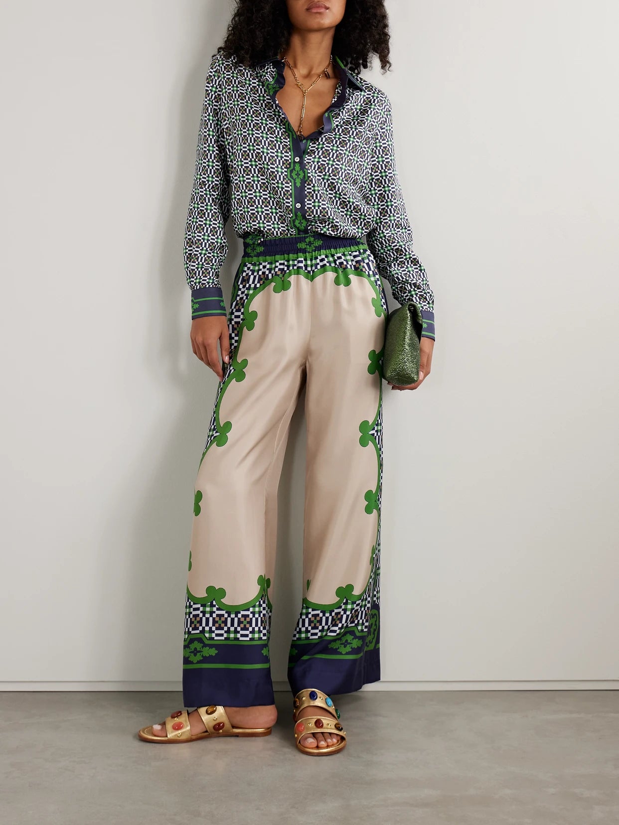 Image of a model wearing Tops. Product name - Icon Boy Printed Silk-twill Shirt in Blue colour by brand - La DoubleJ