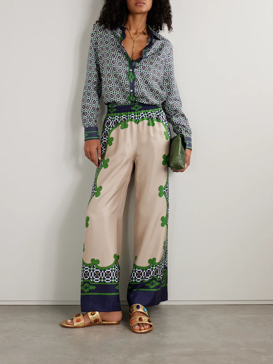 Image of a model wearing Tops. Product name - Icon Boy Printed Silk-twill Shirt in Blue colour by brand - La DoubleJ