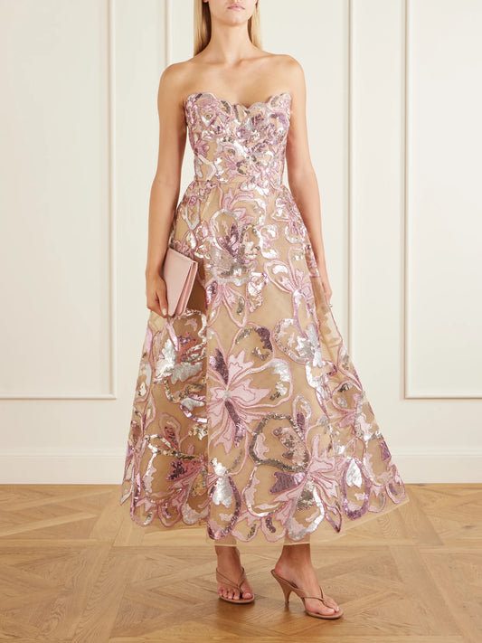 Image of Dresses. Product name - Sequin-embellished Tulle Gown in Pink colour by brand - Elie Saab