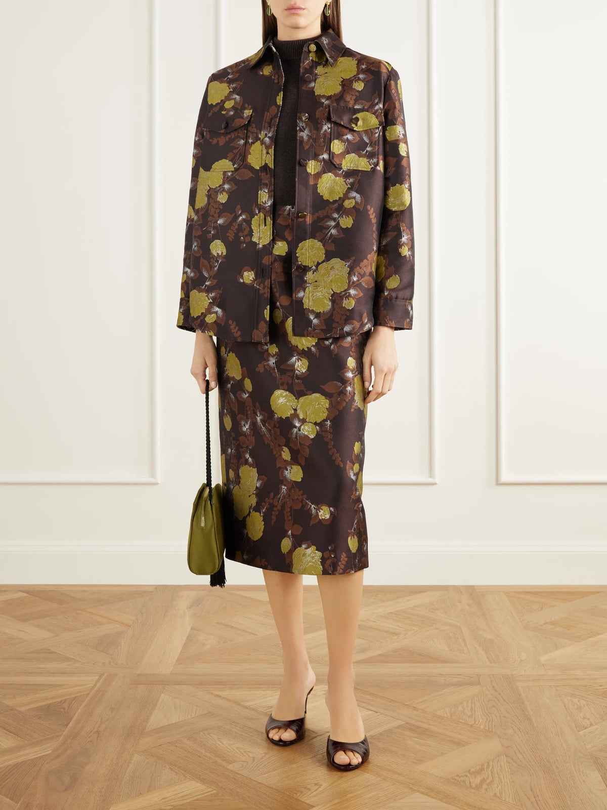 Image of a model wearing Skirts. Product name - Metallic Floral-jacquard Twill Midi Skirt in Brown colour by brand - La DoubleJ